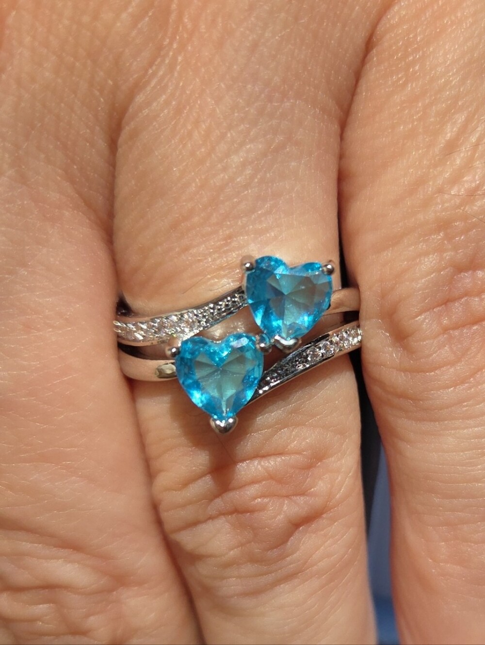 Double Heart Gemstone CZ Zircon Ring - Silver Tone Size 6 NIB